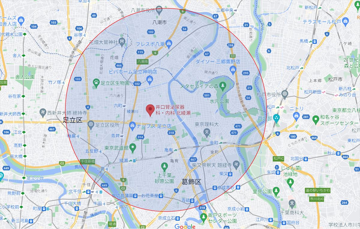 井口腎泌尿器科・内科 北綾瀬　送迎サービス範囲地図